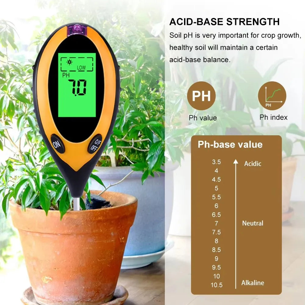 An orange soil testing meter with a green backlit display is shown next to a potted plant.