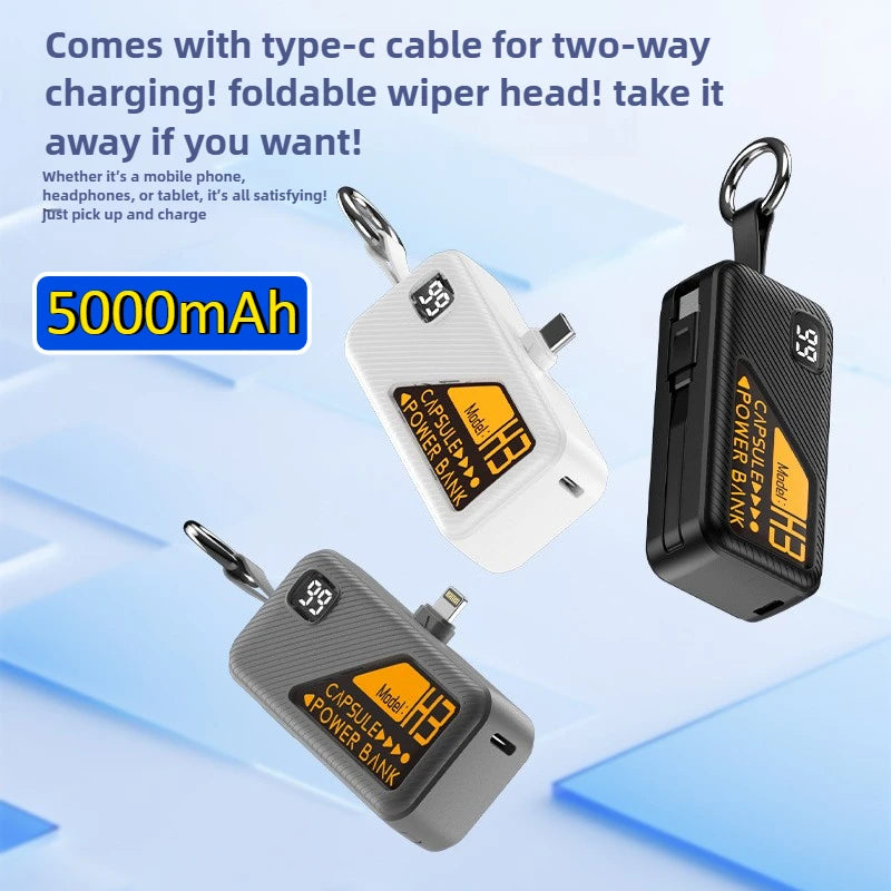 Compact 5000mAh Power Bank with Built-in USB-C Cable