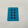 A rectangular blue glass mouse skate with six red dots on a white background.