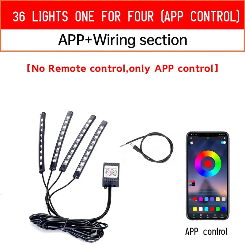 A set of 36 lights for four devices with an app control system and wiring section shown alongside a smartphone.