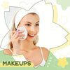 A woman applies loose powder using a white puff on her face.