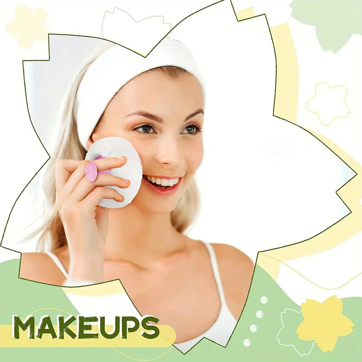 A woman applies loose powder using a white puff on her face.