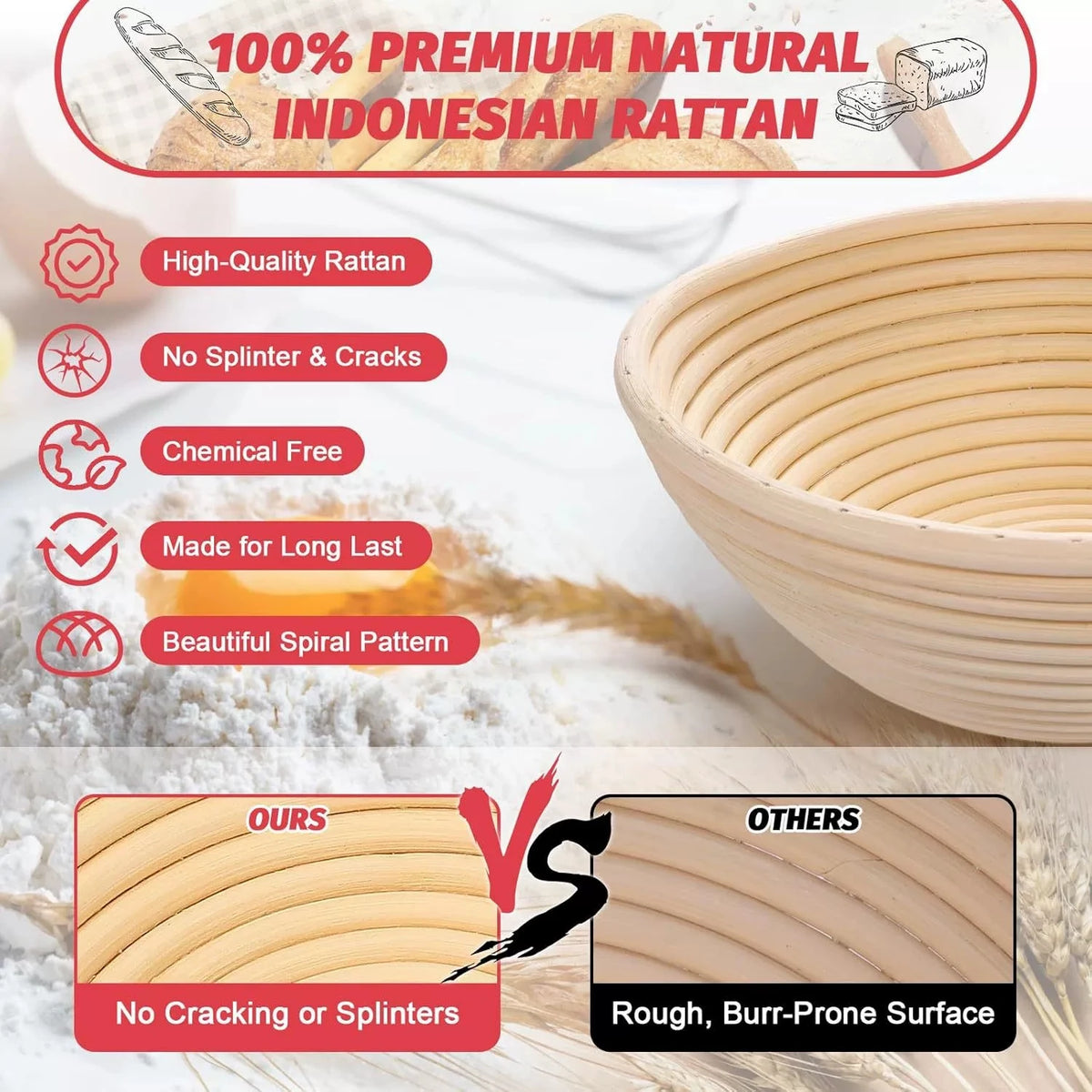 A light wood-colored woven bowl made from premium natural Indonesian rattan for baking.