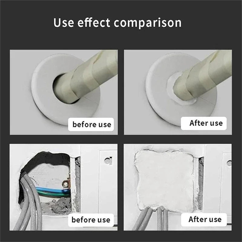 Comparison showing moldable sealing clay before and after use on AC holes, pipes, and wall gaps.