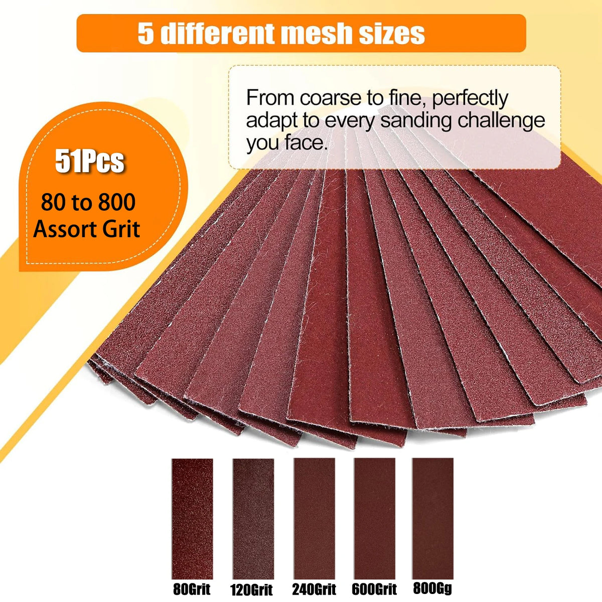 A set of five different sized sandpaper grits in various shades of reddish-brown, displayed in a fan arrangement.