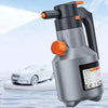 A silver electric foam sprayer is shown spraying water onto a white car on water, used for car washing and home cleaning.