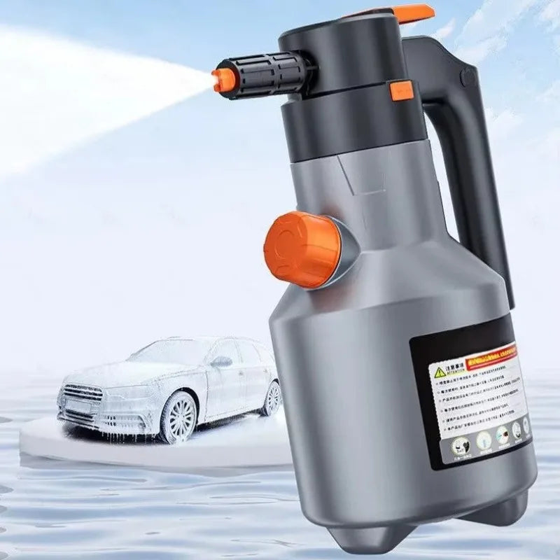 A silver electric foam sprayer is shown spraying water onto a white car on water, used for car washing and home cleaning.
