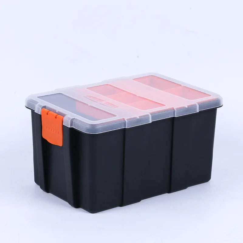 A black plastic tool box organizer with an orange lid and a small orange tab.