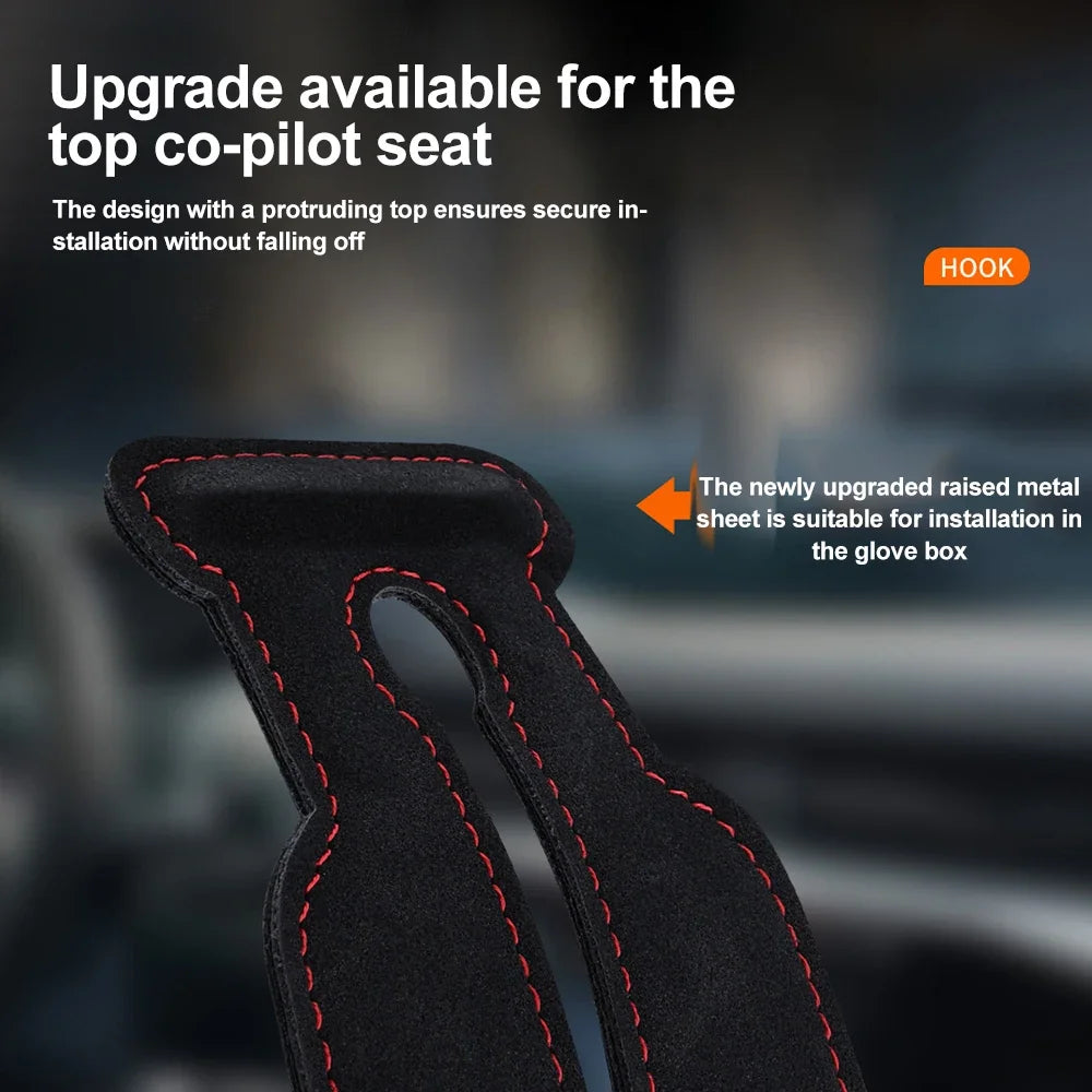 A close-up view of an upgraded car seat back hook with a suede finish, showing the design for secure installation.