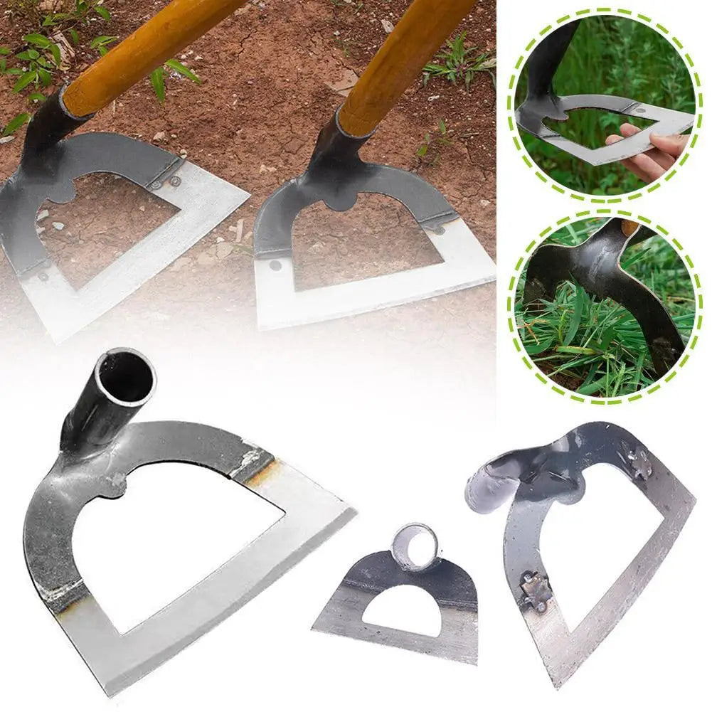 Various designs of high-carbon steel handheld weeding rakes and tools shown in detail.