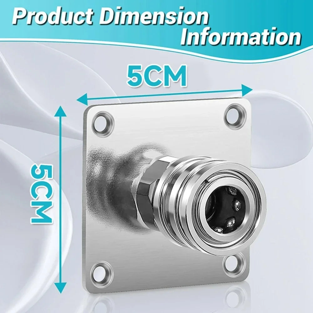 A silver wall-mounted pressure washer accessory storage rack with quick connect holders shown with dimension lines.