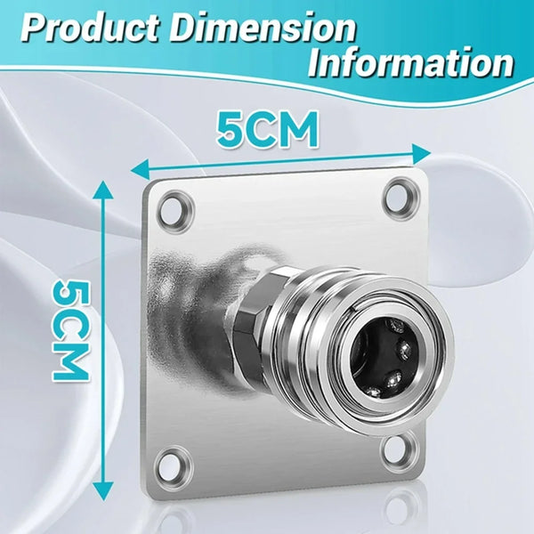 A silver wall-mounted pressure washer accessory storage rack with quick connect holders shown with dimension lines.