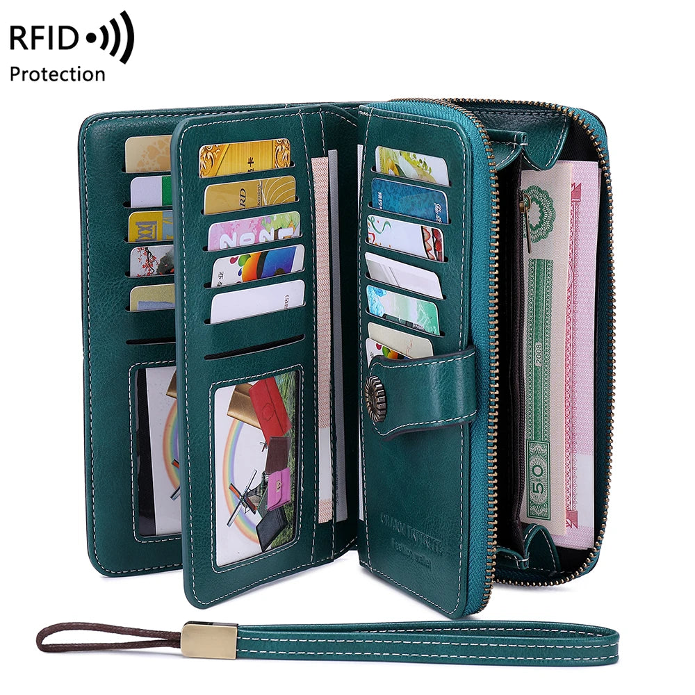 Vintage RFID-Blocking Large Capacity Wallet with Wrist Strap