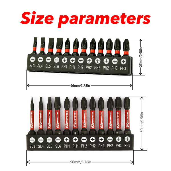 A set of magnetic screwdriver bits showing size parameters for various PH and SL bits.
