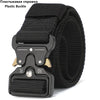 Black plastic buckle for a tactical nylon belt featuring a secure metal closure.