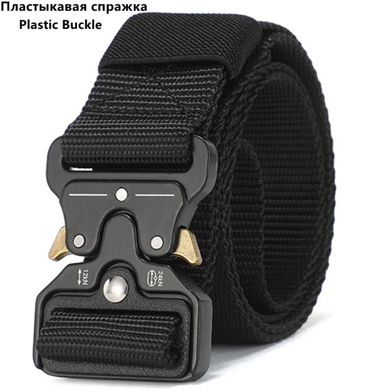 Black plastic buckle for a tactical nylon belt featuring a secure metal closure.