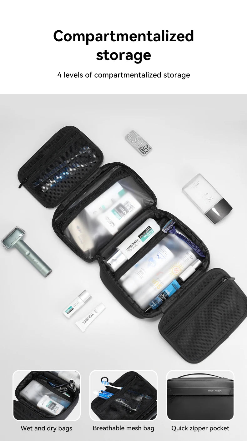 A black compartmentalized storage bag showing various levels of organization and features like wet and dry separation.