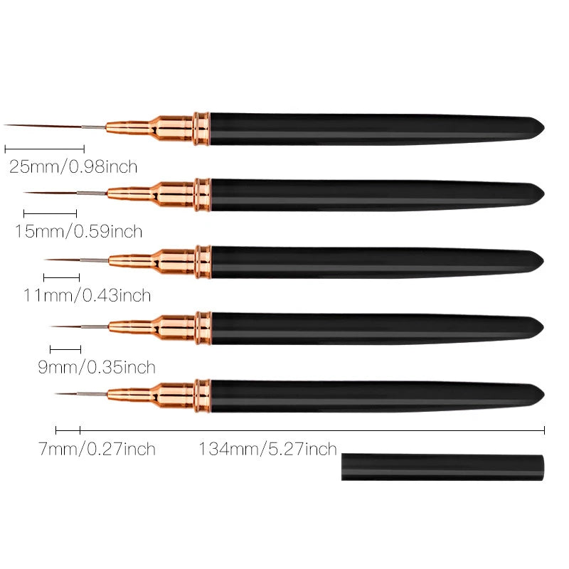 A set of five professional nail art liner brushes shown with various sizes and a long brush.