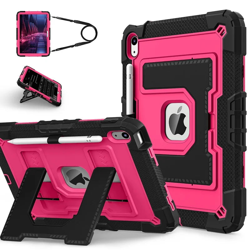 A pink shockproof hybrid case for an iPad is shown with a black cover and accessories.