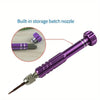 A purple batch nozzle tool with a screwdriver tip and storage component shown next to a diagram.