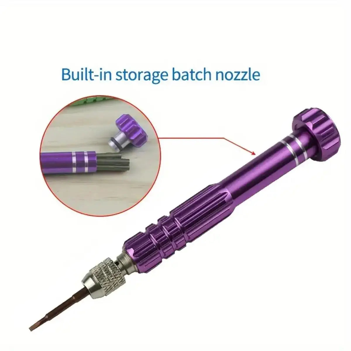 A purple batch nozzle tool with a screwdriver tip and storage component shown next to a diagram.