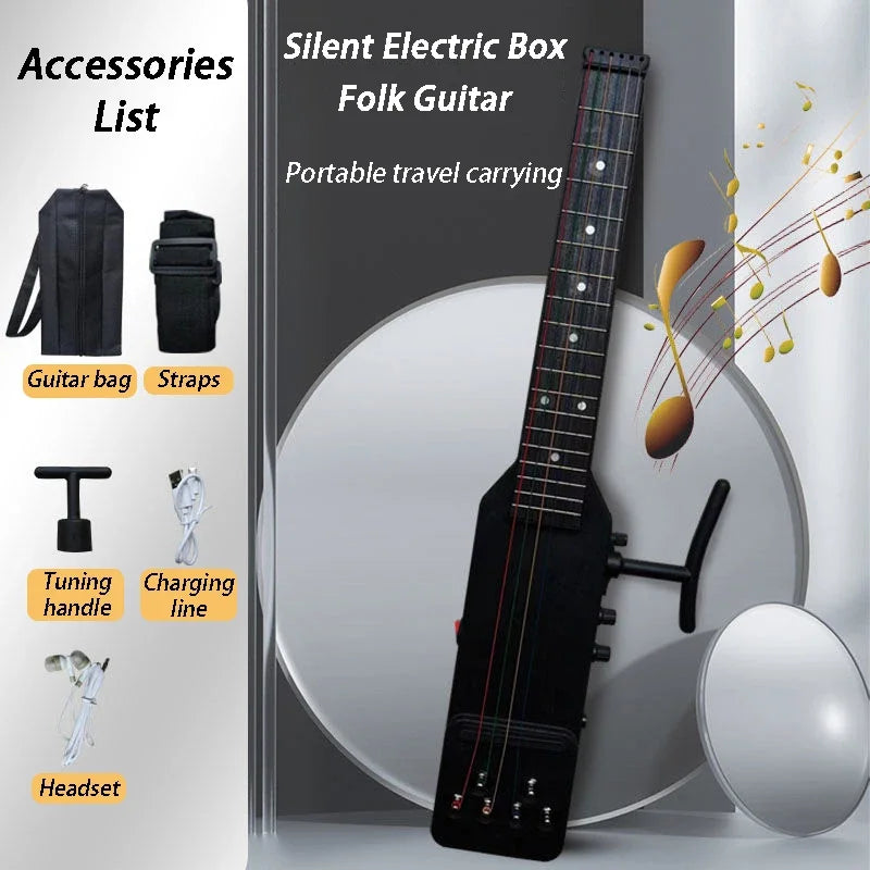 A black silent electric folk guitar with an active pickup is shown next to accessories like a guitar bag, straps, tuning hand