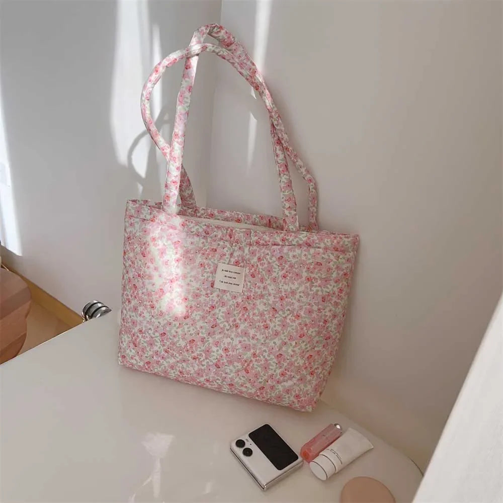 Quilted Floral Cotton Tote Bag with Padded Handle