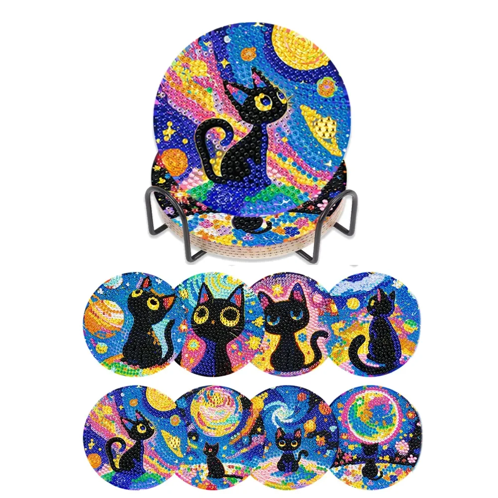 A set of diamond painting coasters featuring cats against a colorful, sparkling night sky background.