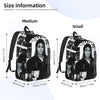 Side-by-side comparison of a Medium and Small Musical Icon Tribute backpack showing size dimensions.