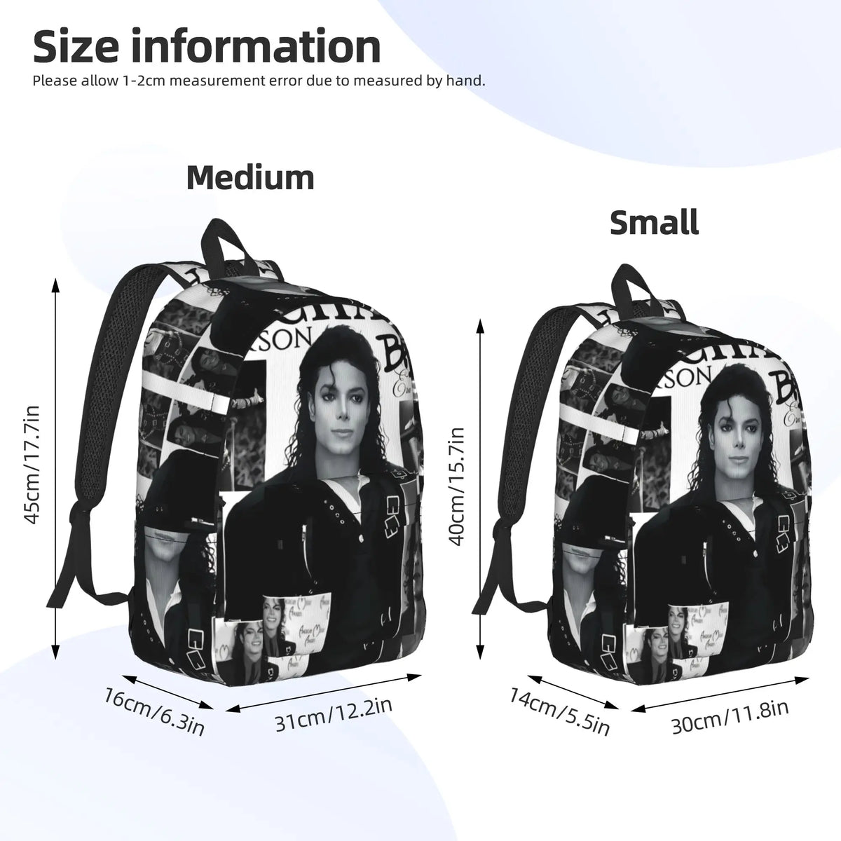 Side-by-side comparison of a Medium and Small Musical Icon Tribute backpack showing size dimensions.