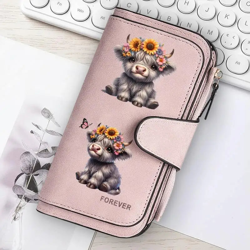 Highland Cow Print Zip-Around Wallet with Card Holder