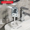 A modern bathroom toothbrush holder with a transparent blue dust cover and chrome finish on a white sink.