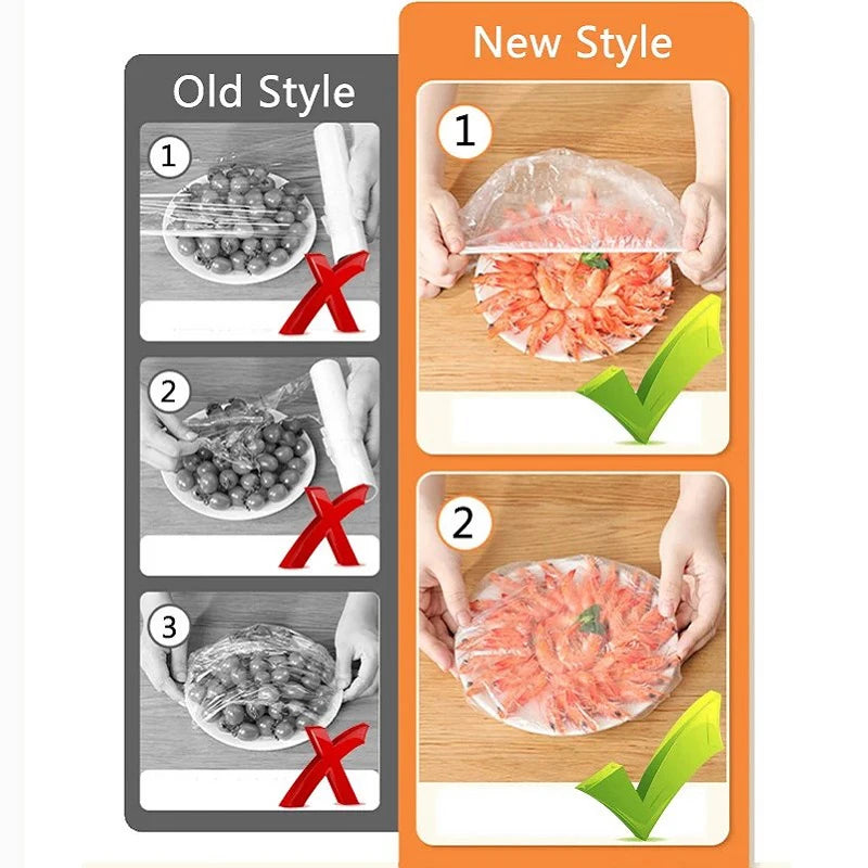 Comparison showing old style and new style reusable elastic food covers for fresh meat or produce