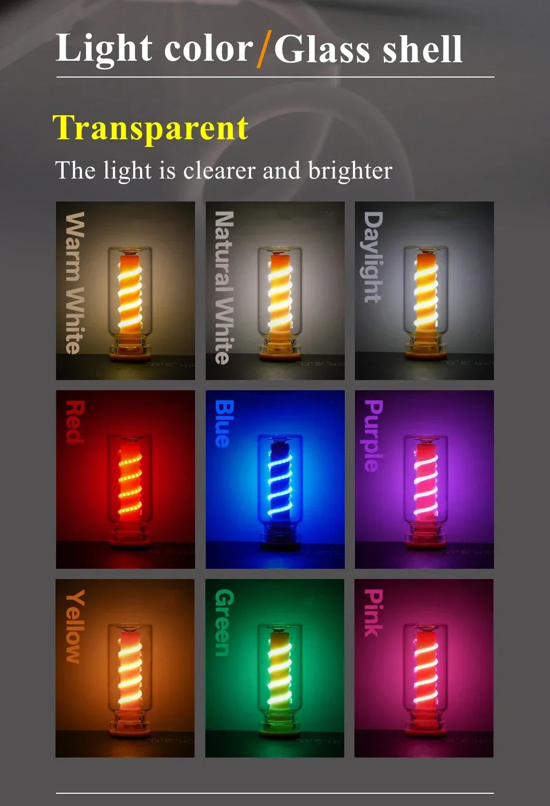 A grid showing various light colors like transparent, warm white, daylight, red, blue, purple, yellow, green, and pink light 