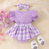 Baby Girl Plaid Romper Set with Bear Patch and Bow Headband