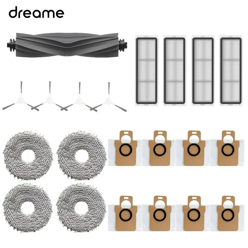 Replacement parts kit for Dreame robot vacuum cleaners showing various components like brushes and rollers
