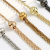 A collection of elegant metal chain straps in gold, silver, and black for handbags.