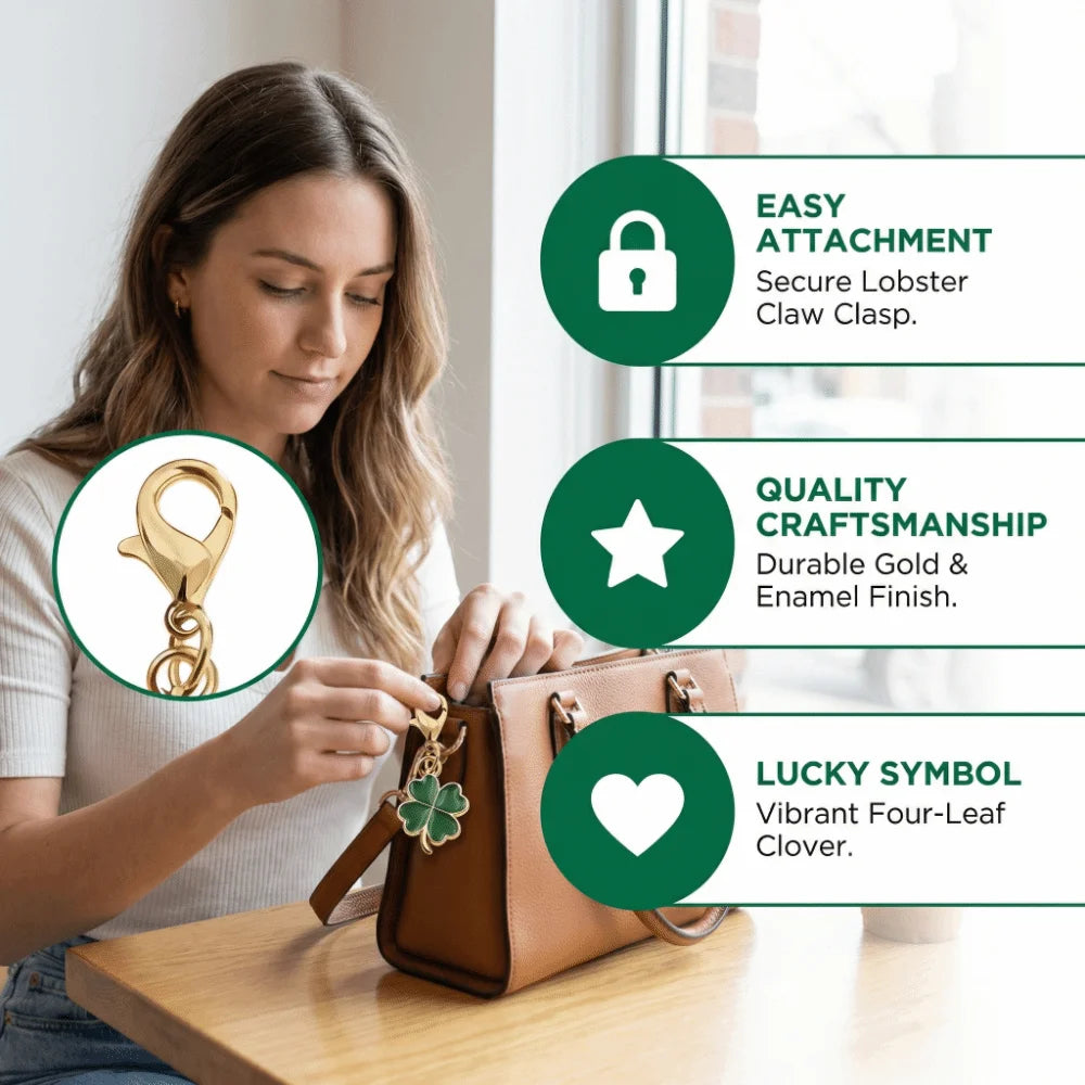 A woman is shown attaching a gold and enamel four-leaf clover charm to a leather purse, highlighting easy attachment, quality