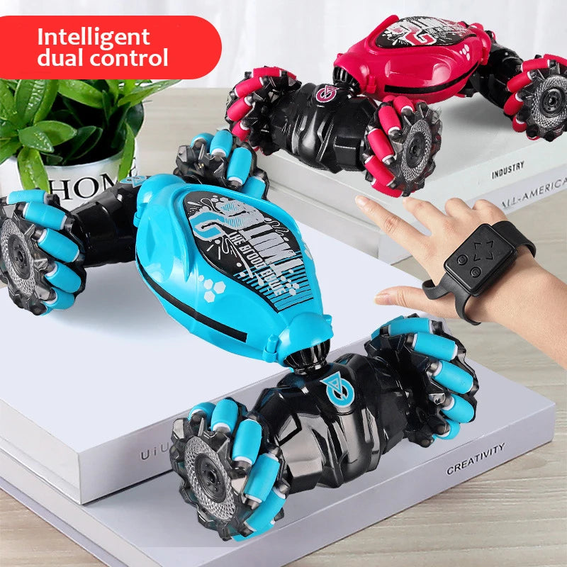 A set of intelligent dual control RC stunt car remote controls in black and blue, shown next to a red vehicle.