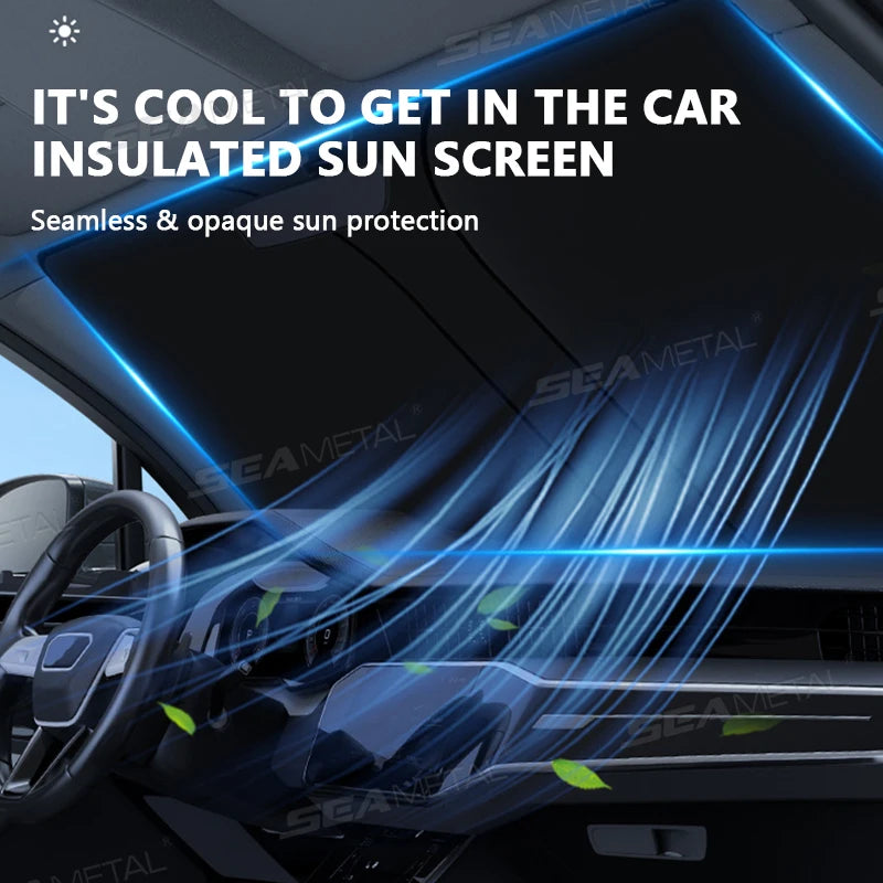 Gros plan de l'intérieur d'une voiture montrant un pare-soleil bleu opaque et intégré sur le pare-brise.