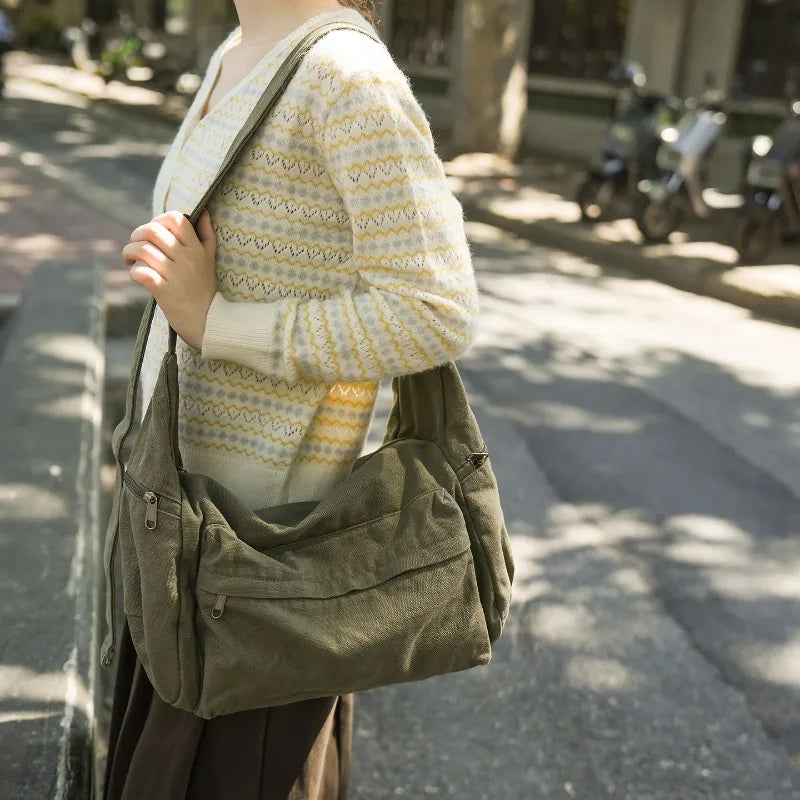 Cotton Canvas Crossbody Bag with Large Capacity