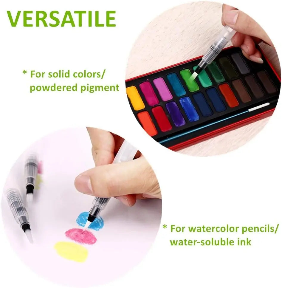 A set of watercolor brush pens showing solid colors and watercolor pencils for art and crafting.