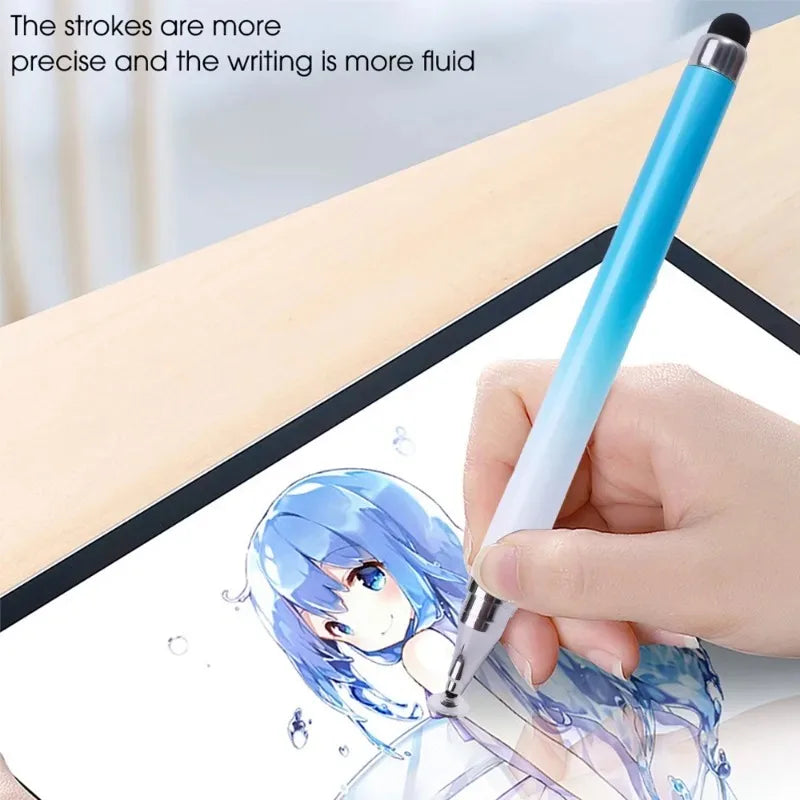 A hand holds a blue and white stylus pen writing on a tablet screen.