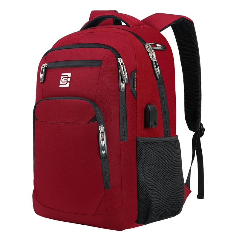Sac à dos d'ordinateur portable pour le voyage d'affaires rouge avec accents noirs et sangle noire.