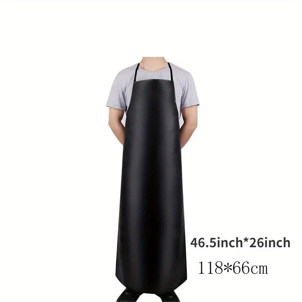 Black PU leather waterproof apron worn by a person, showing its size and fit.