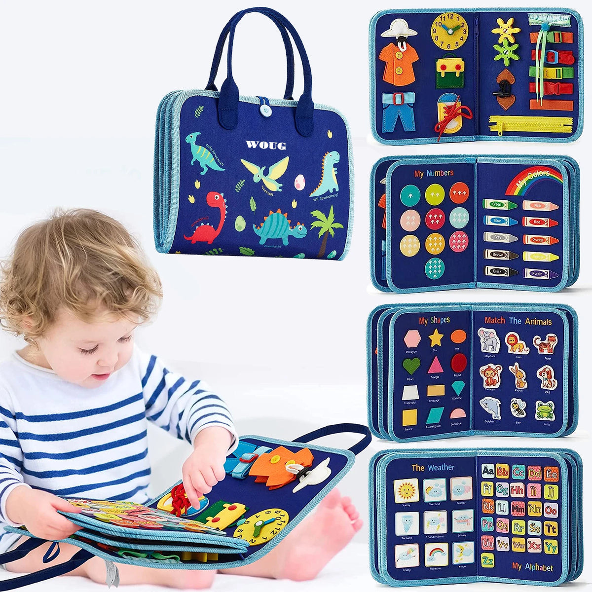A colorful Montessori busy board for toddlers featuring various shapes, animals, and alphabet items.