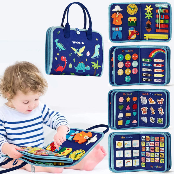 Tableau Montessori coloré et animé pour tout-petits avec diverses formes, animaux et lettres.