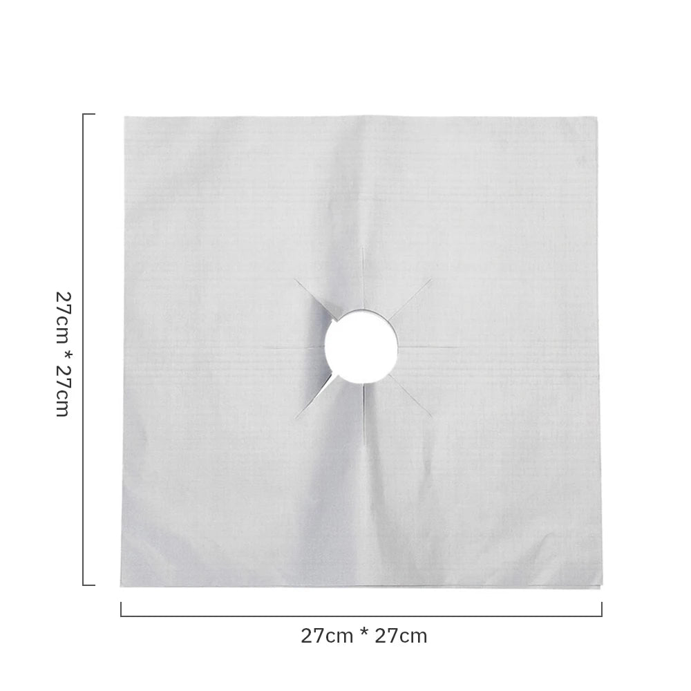 A square white reusable non-stick gas stove protector mat with five radiating holes.