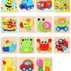 A set of wooden 3D animal and traffic puzzles featuring various vehicles and animals like a bee, police car, frog, bear, and 