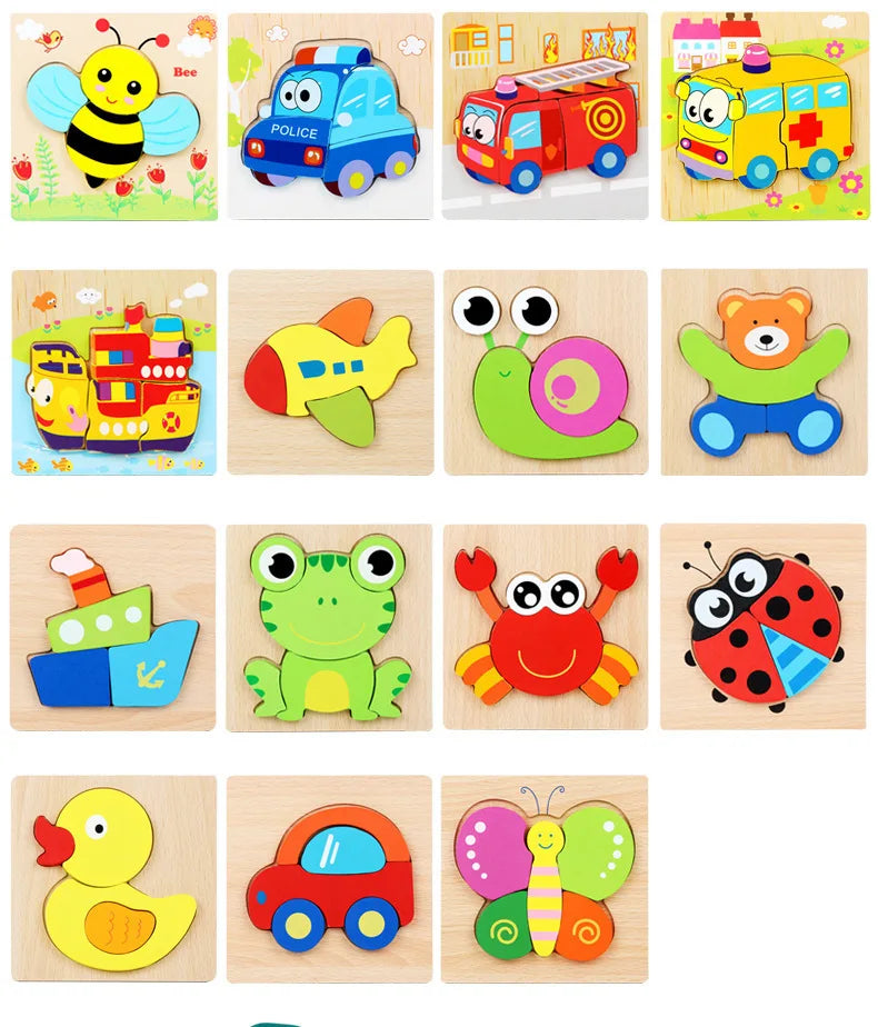 A set of wooden 3D animal and traffic puzzles featuring various vehicles and animals like a bee, police car, frog, bear, and 